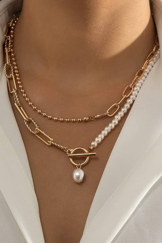 JOSSLYN by wall to wall - PEARL MIX DOUBLE LAYER TOGGLE NECKLACE