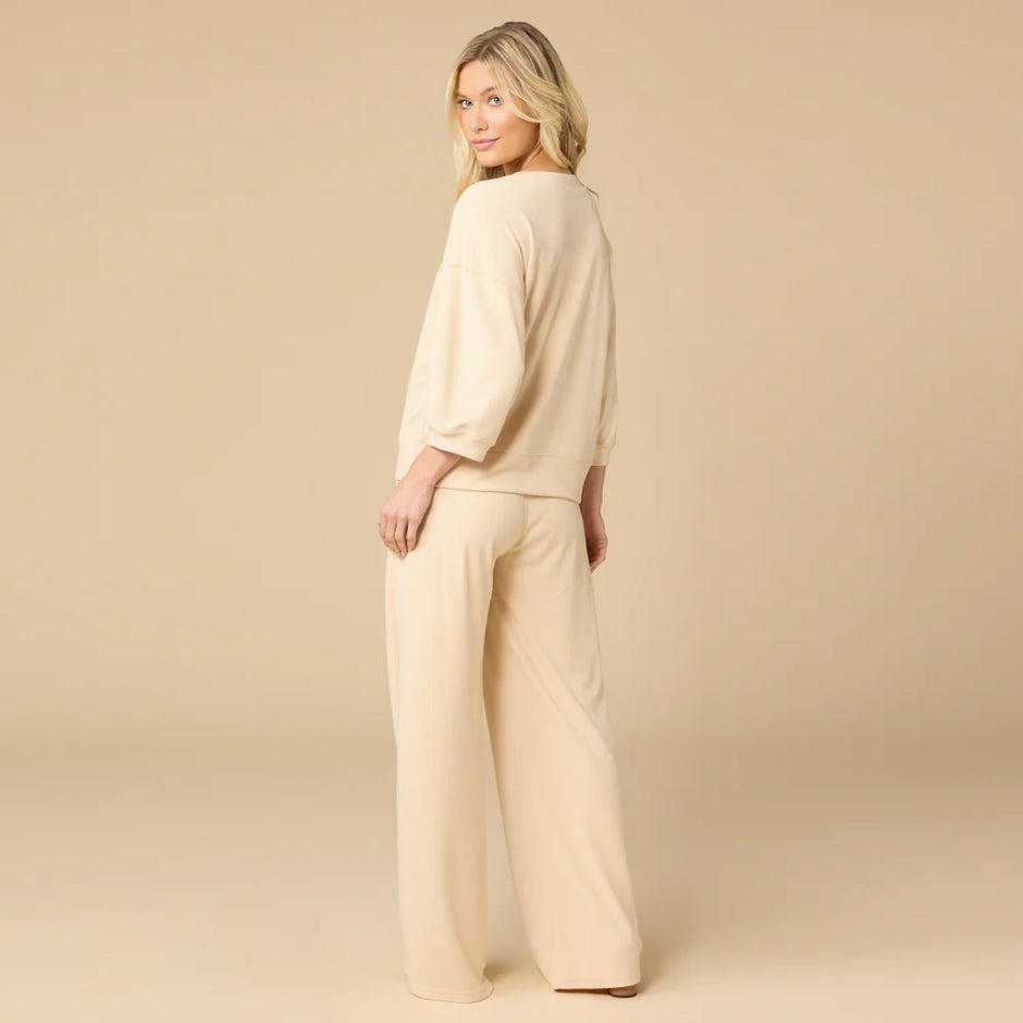 Softies Terry Cropped Sleeve Crew Neck with Wide Leg Pant Warm Sand