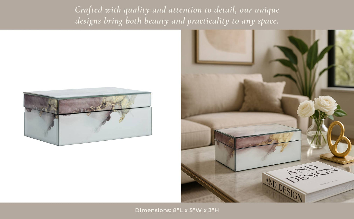 Sagebrook Home - Decorative Box - White/Beige/Gold Wood Abstract, 8x3 in.