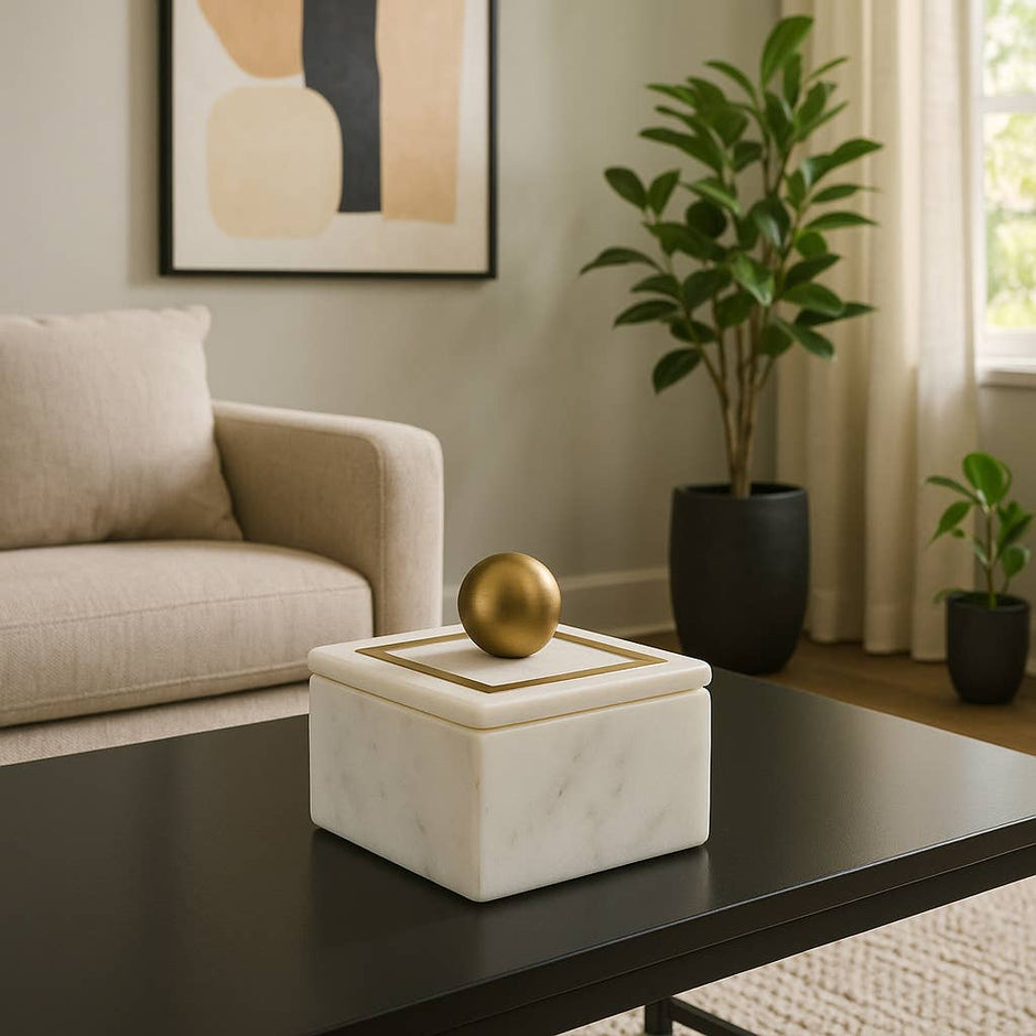 Sagebrook Home - Marble Modern Storage Box with Removable Lid - White, 5 in.