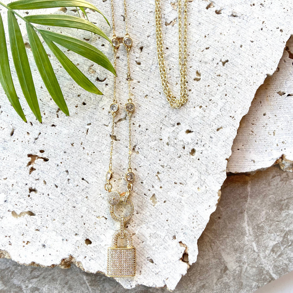 VB&CO Designs Handmade Jewelry - Gold lock necklace Crystal