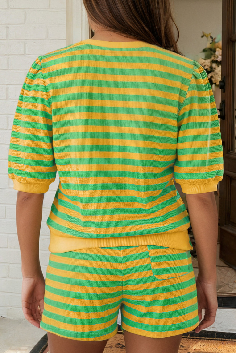 LA Society - LAS Stripe Puff Sleeve T Shirt Matching Shorts Set
