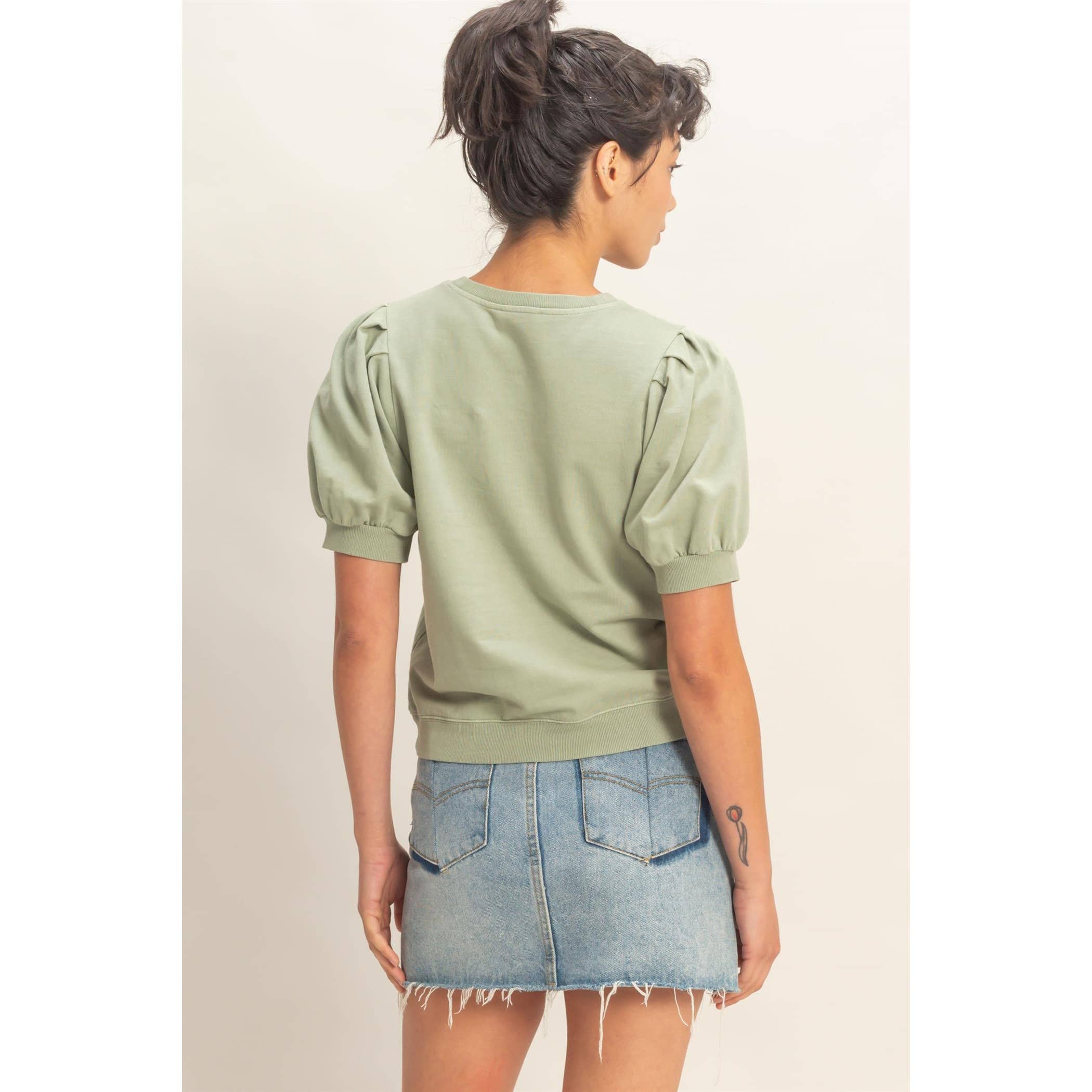 Double Zero - Puff Sleeve V-Stitch Crew Neck Top