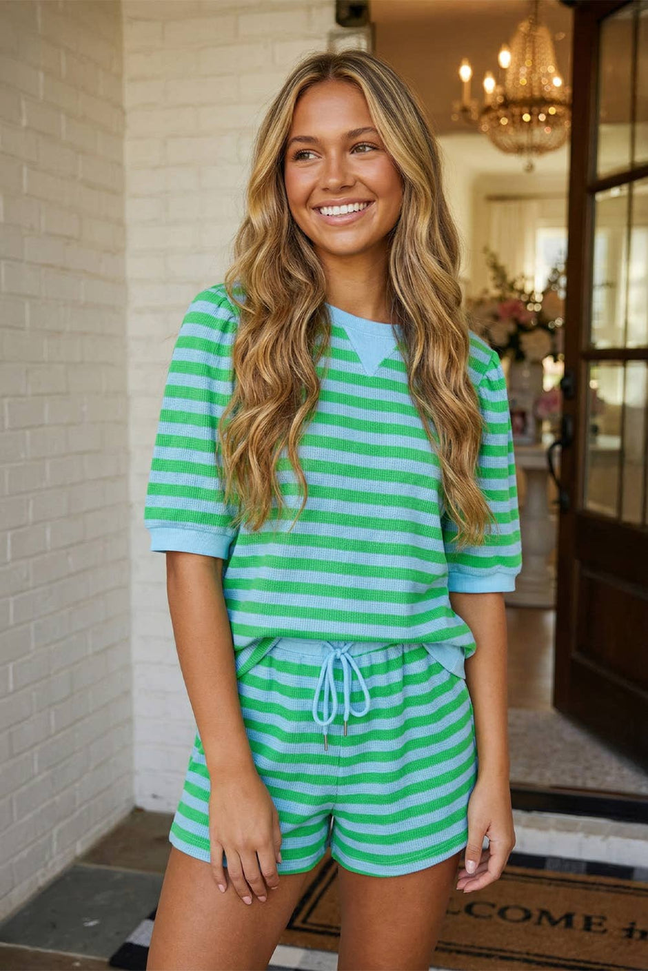LA Society - LAS Stripe Puff Sleeve T Shirt Matching Shorts Set
