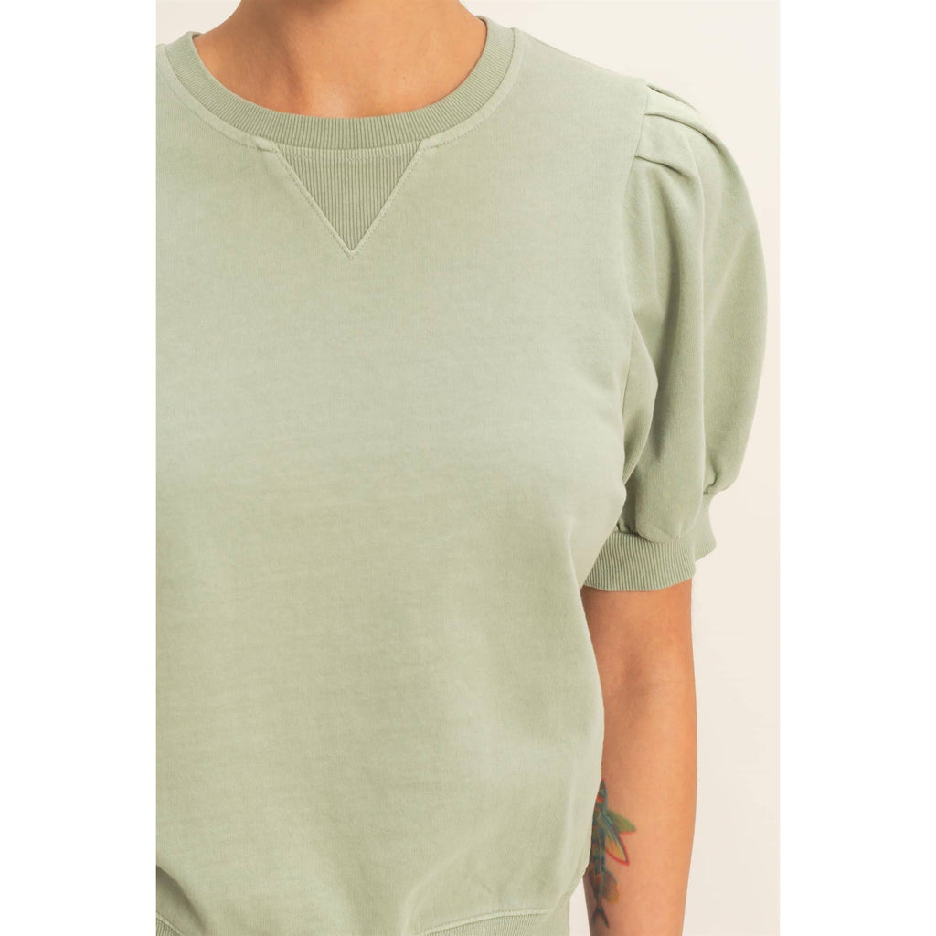 Double Zero - Puff Sleeve V-Stitch Crew Neck Top