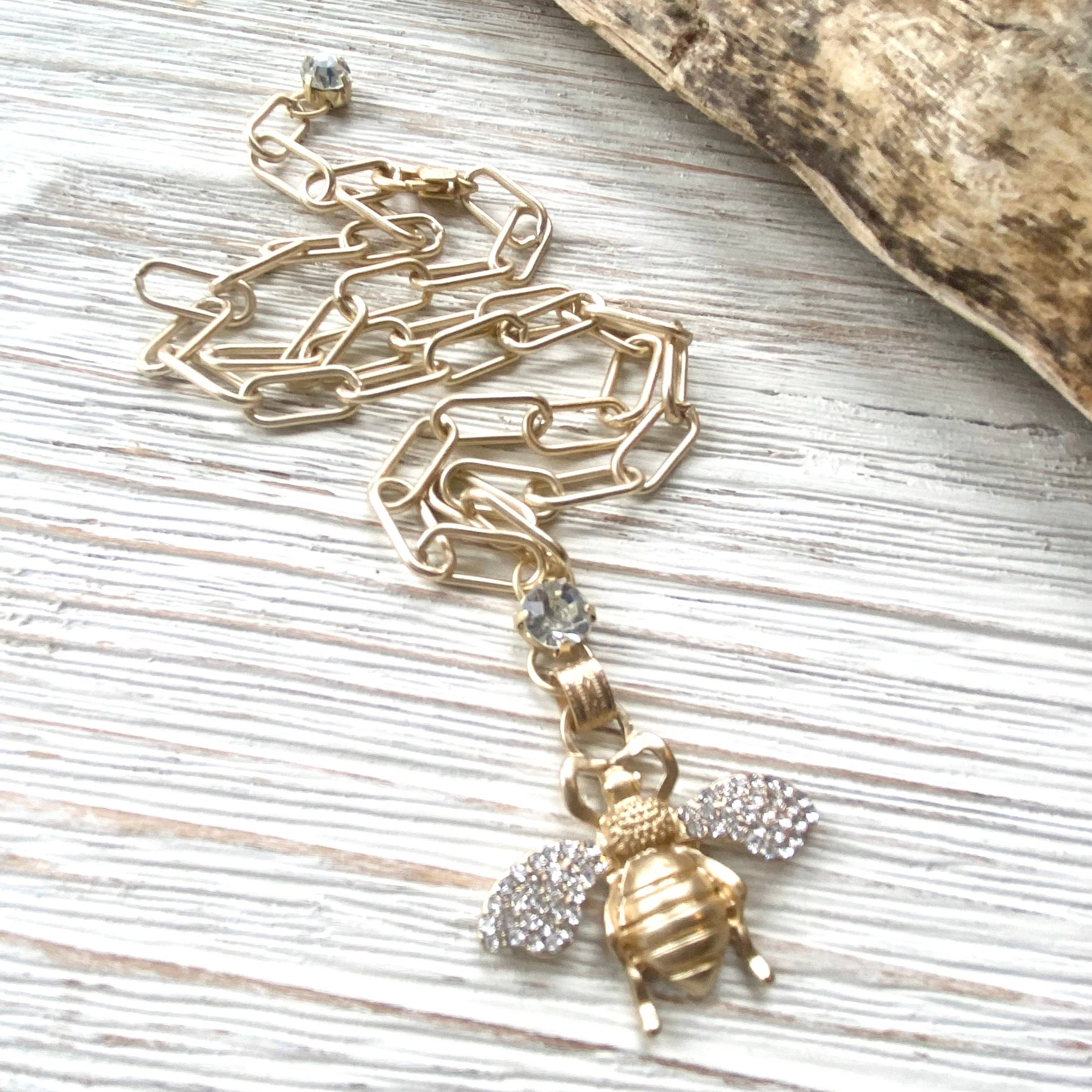 VB&CO Designs Handmade Jewelry - Bee Crystal Necklace Matte Gold