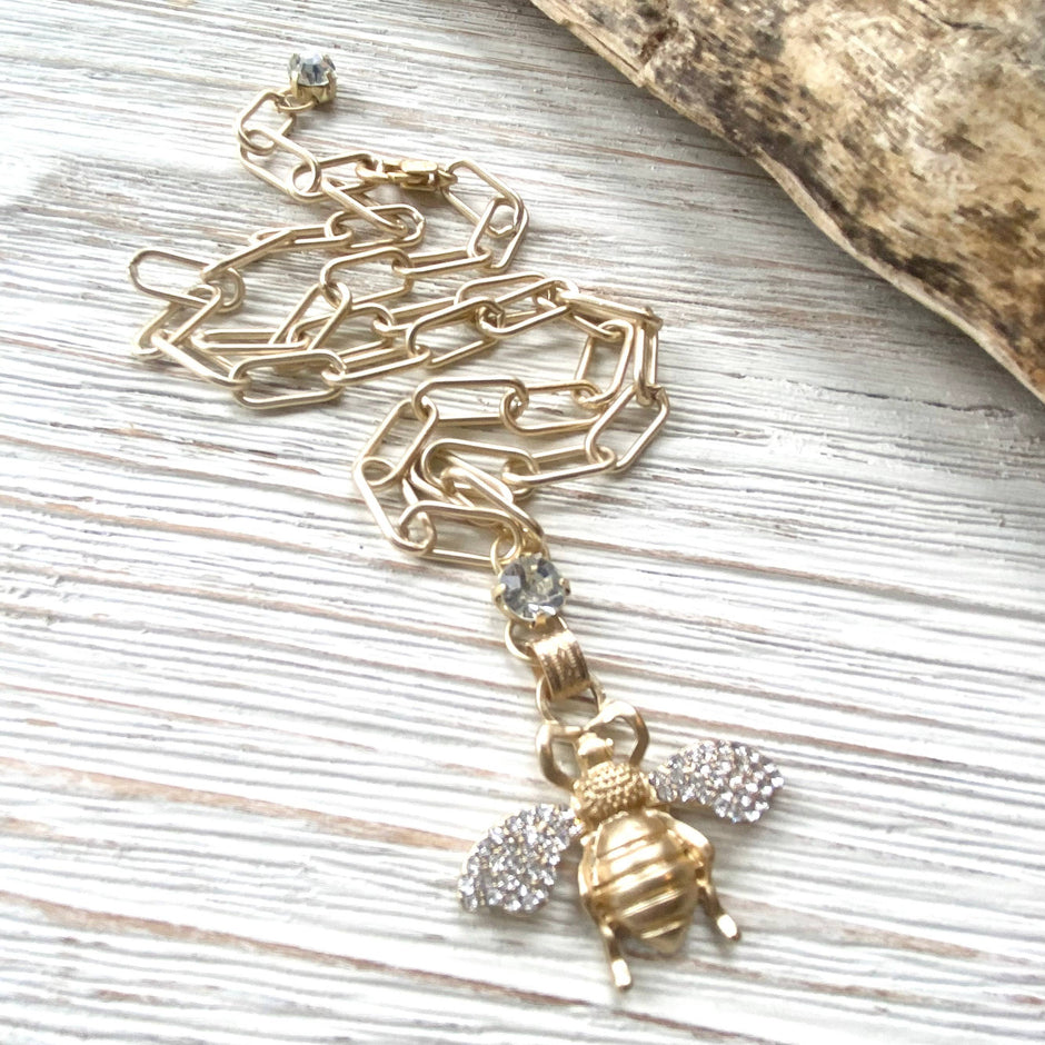 VB&CO Designs Handmade Jewelry - Bee Crystal Necklace Matte Gold