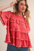 &MERCI - TIERED RUFFLE LACE TRIM SWING TOP Black