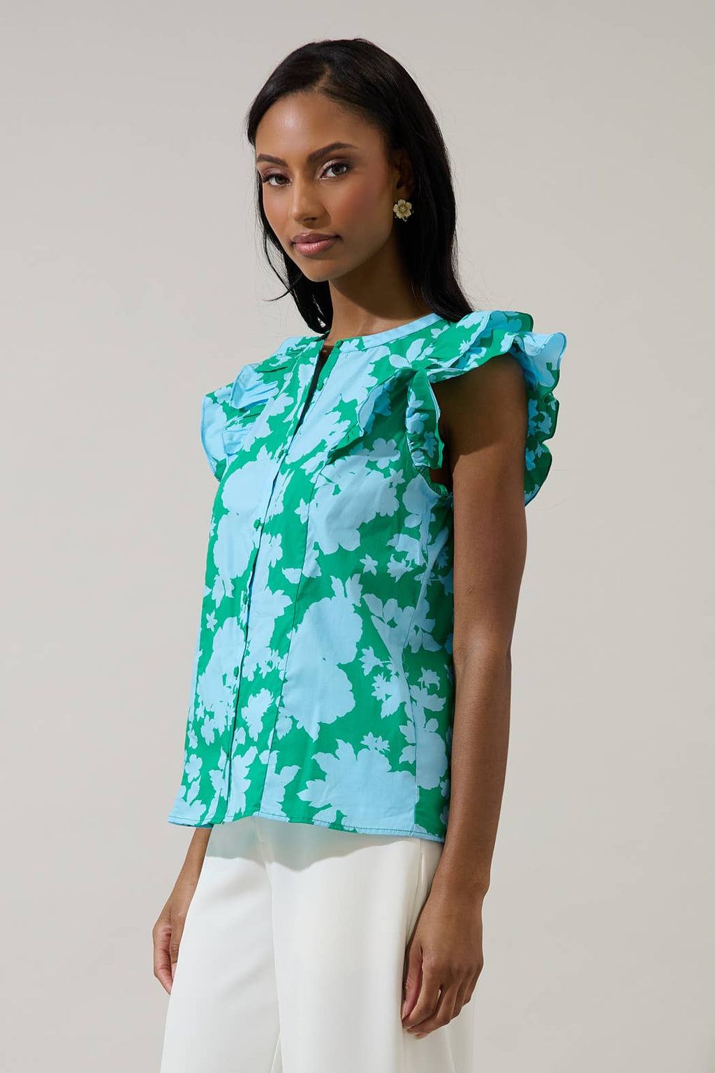 Sugarlips - Riona Floral Sammi Button Down Ruffle Top