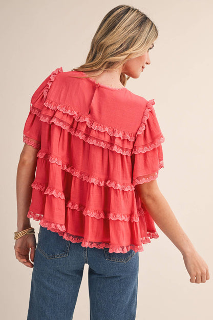 &MERCI - TIERED RUFFLE LACE TRIM SWING TOP Black