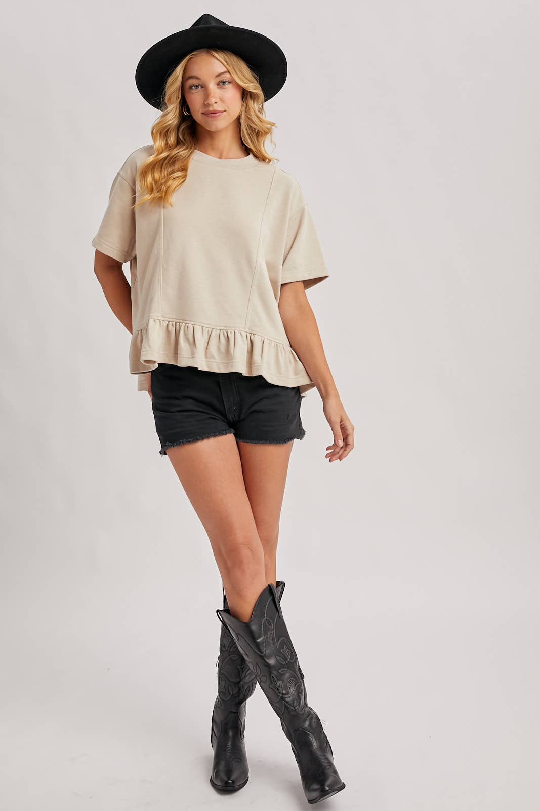 Bluivy - RUFFLED PEPLUM HEM BOXY SWING KNIT TEE