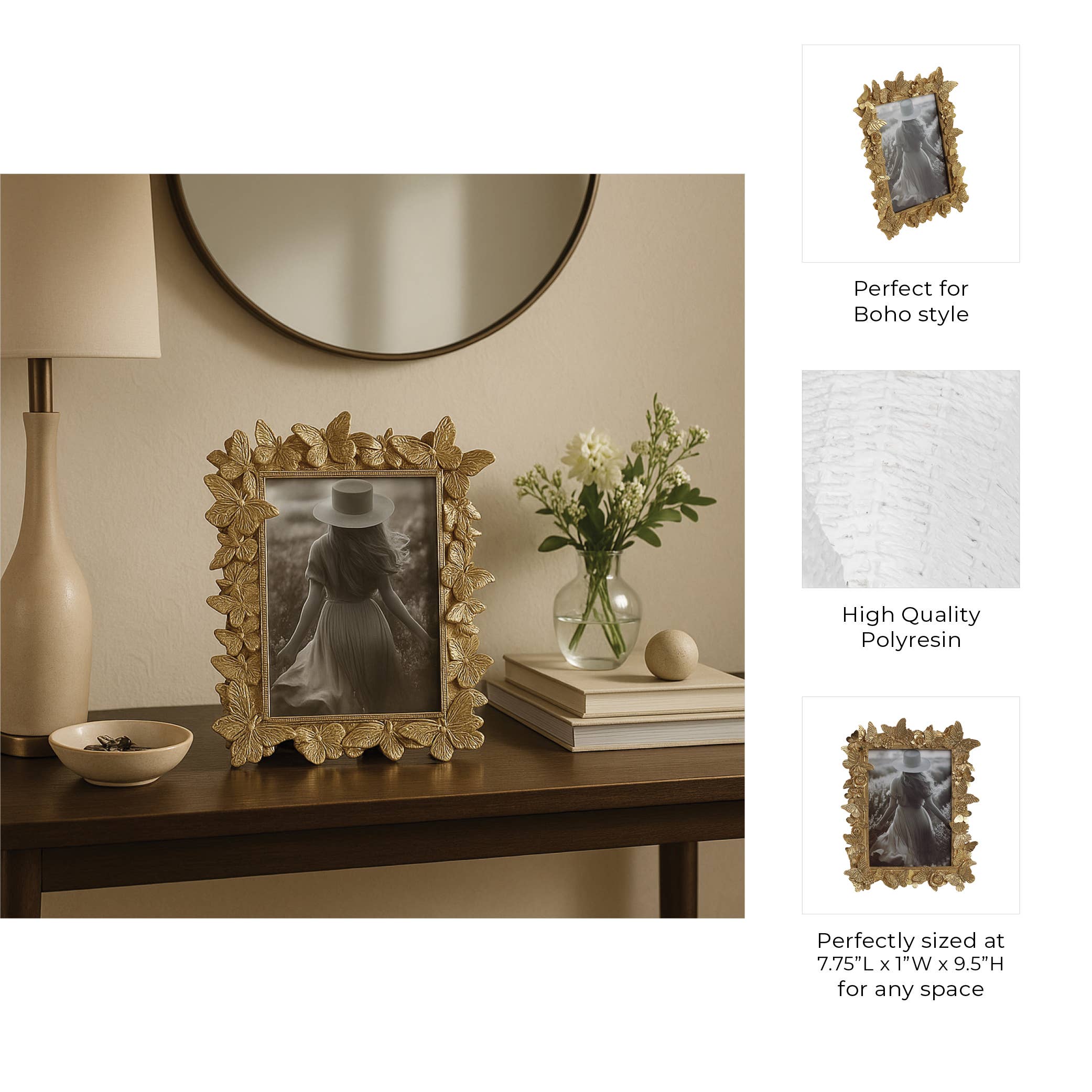 Sagebrook Home Gold Polyresin Butterfly in Bloom Frame 5x7 in.