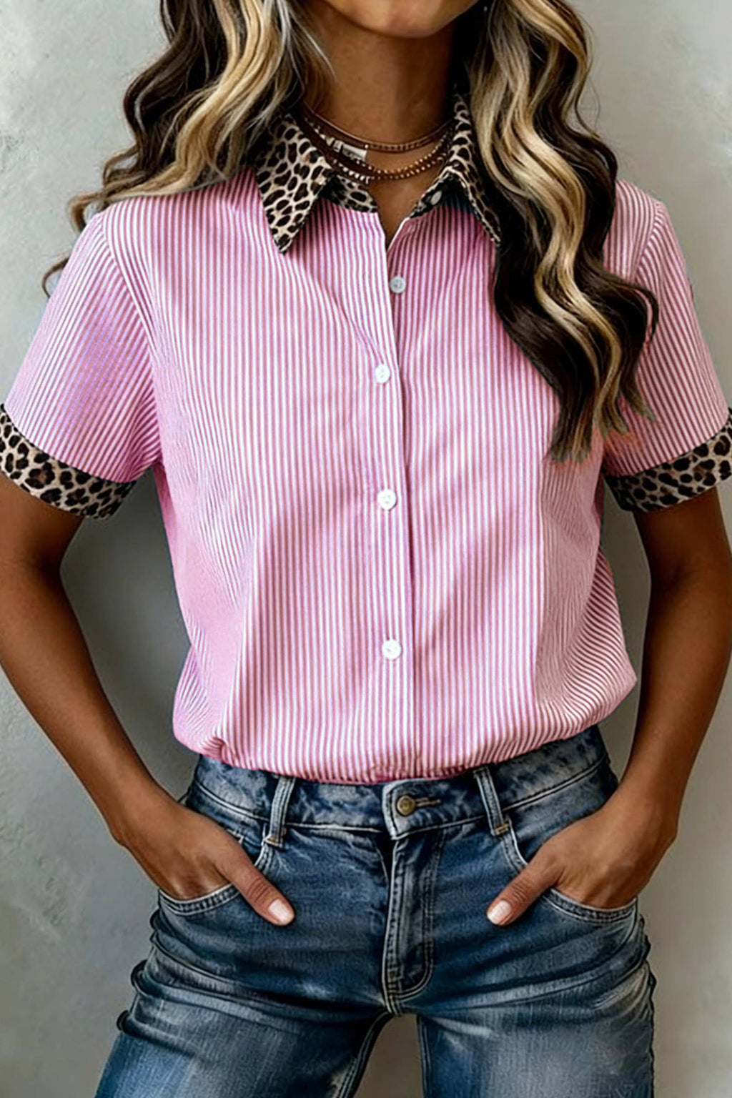 66DISCO - Leopard Trim Striped Button-Down Short Sleeve Shirt (S-XL)