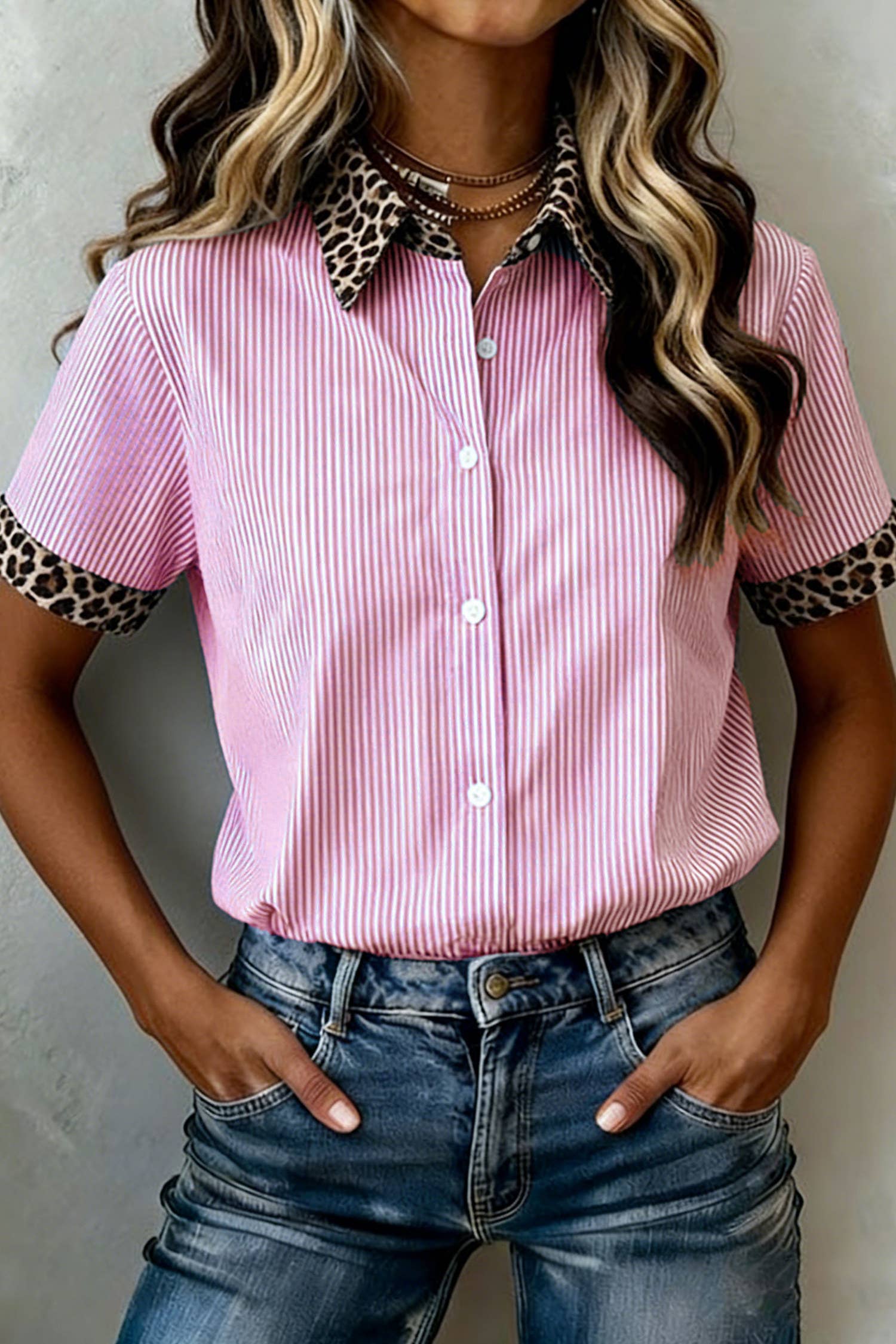 66DISCO - Leopard Trim Striped Button-Down Short Sleeve Shirt (S-XL)