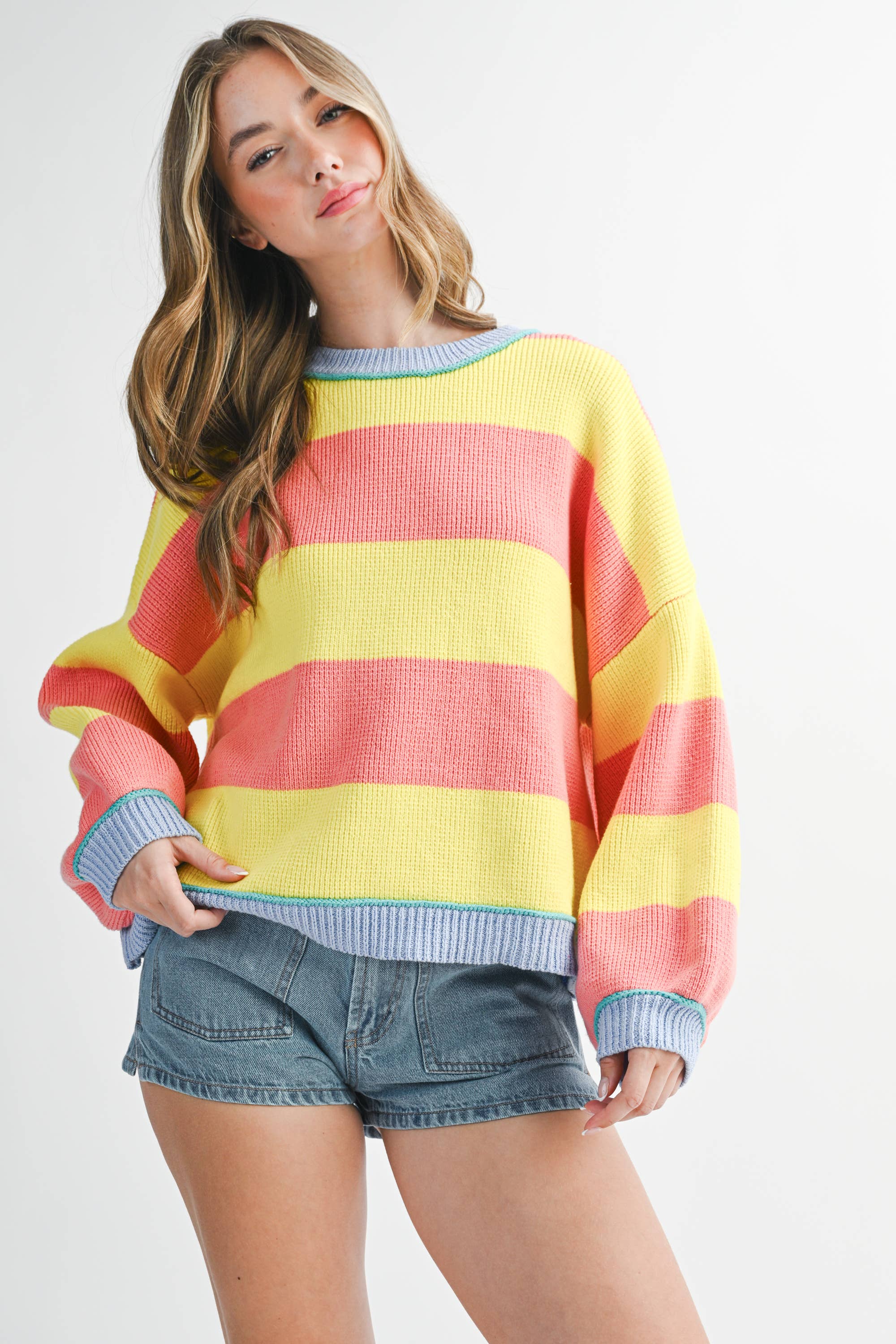 AEMI + CO - 3404GK Striped Knit Crewneck Pullover Sweater