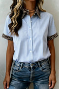 66DISCO - Leopard Trim Striped Button-Down Short Sleeve Shirt (S-XL)