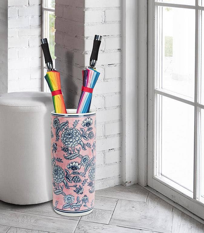 Abbott - Floral Print Umbrella Stand-Pink & Blue-18"H