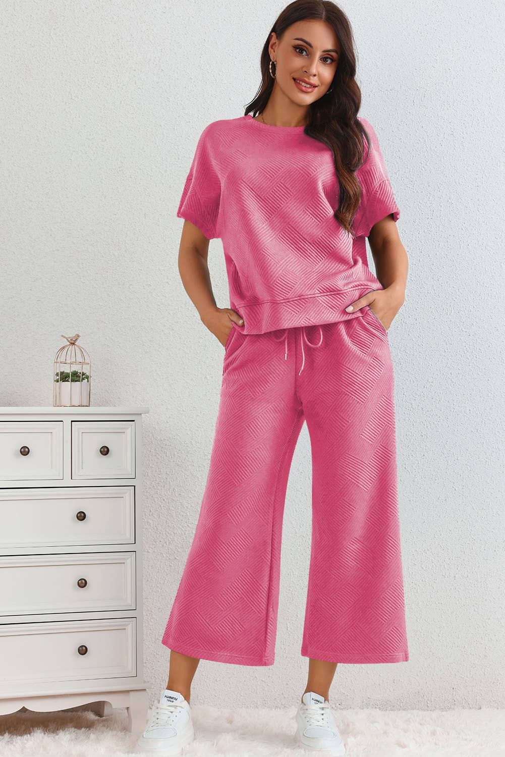 LA Society - LAS Textured Loose T Shirt and Drawstring Pants Set