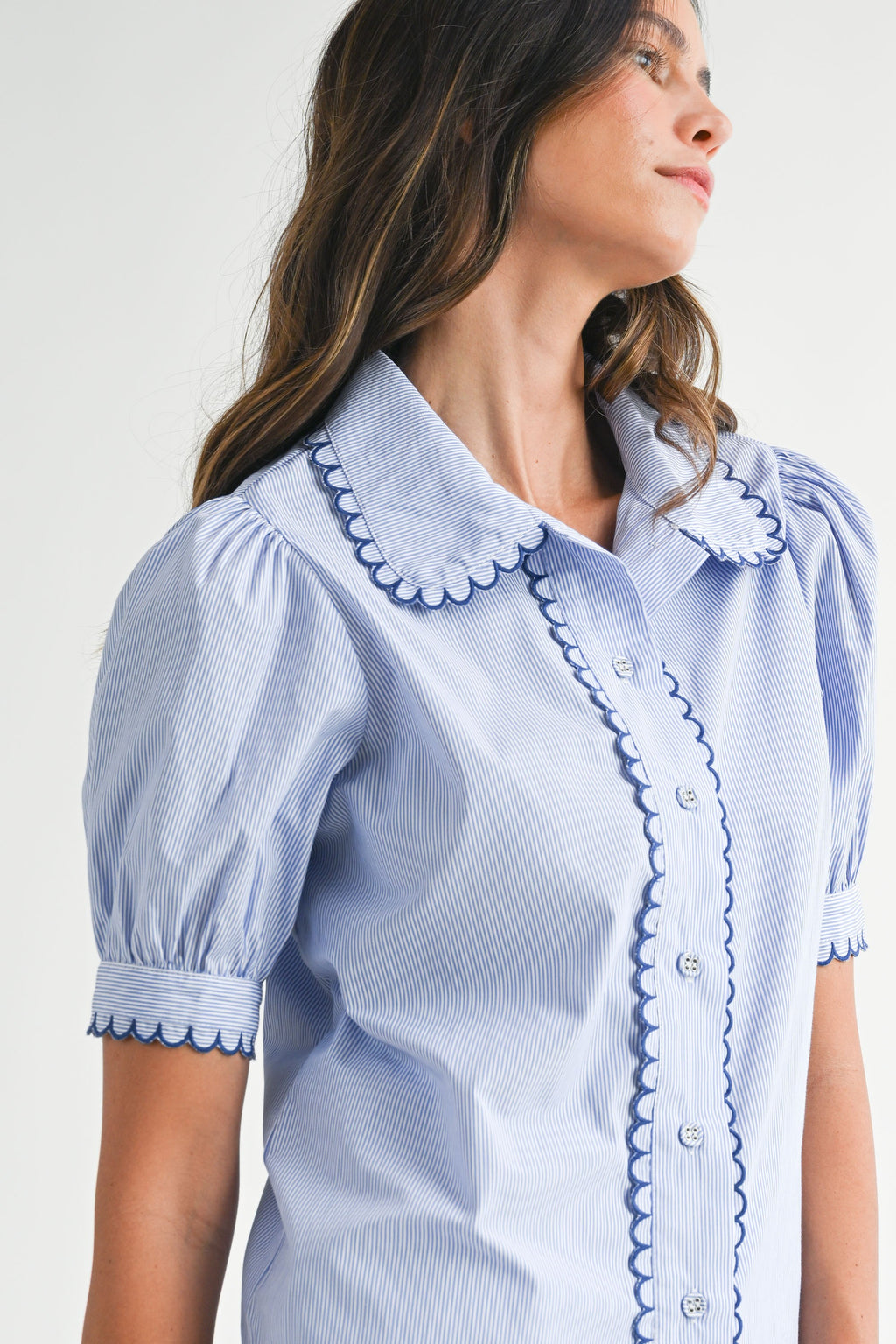 Mable Stripe Scallop Detail Button Down Shirt