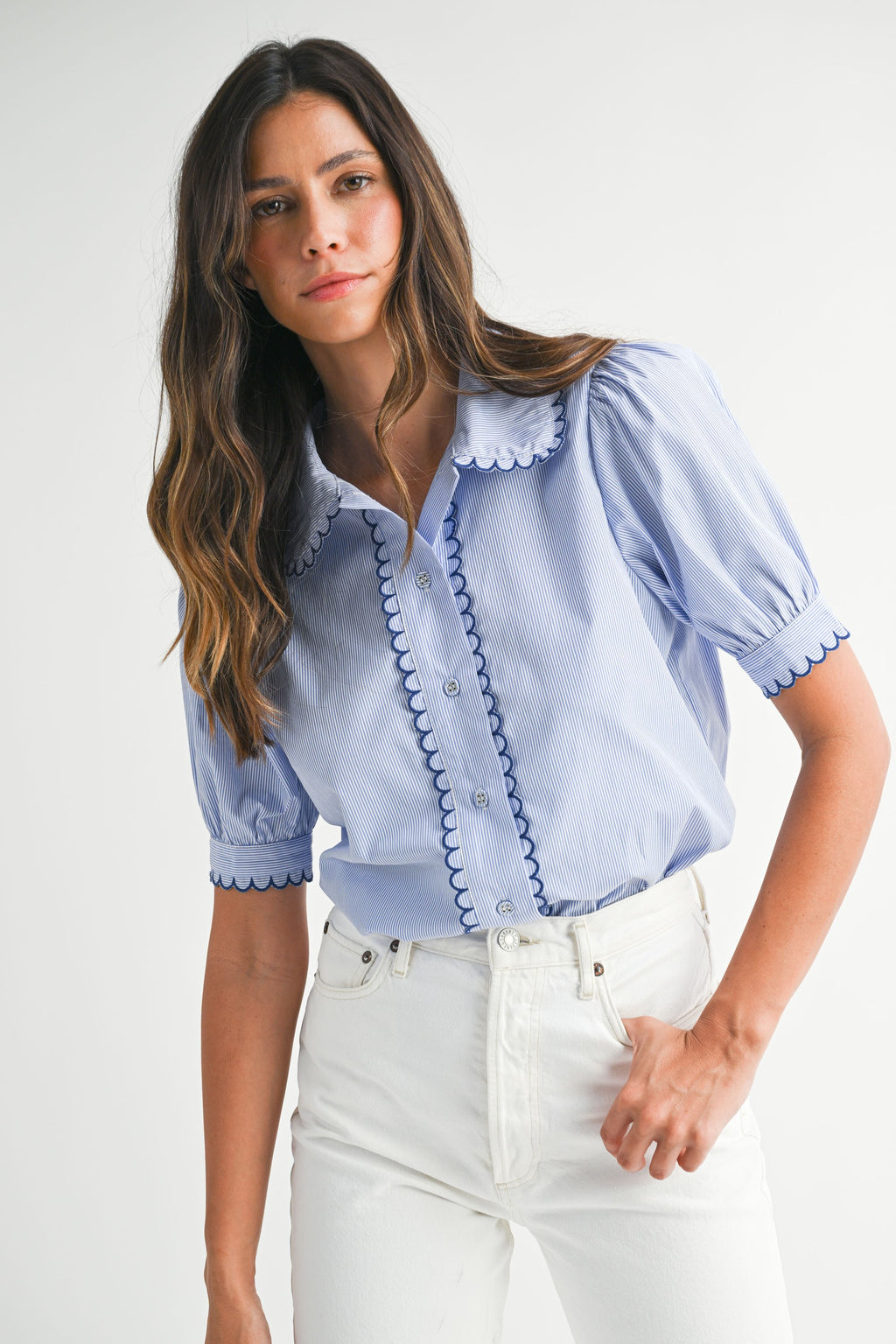Mable Stripe Scallop Detail Button Down Shirt