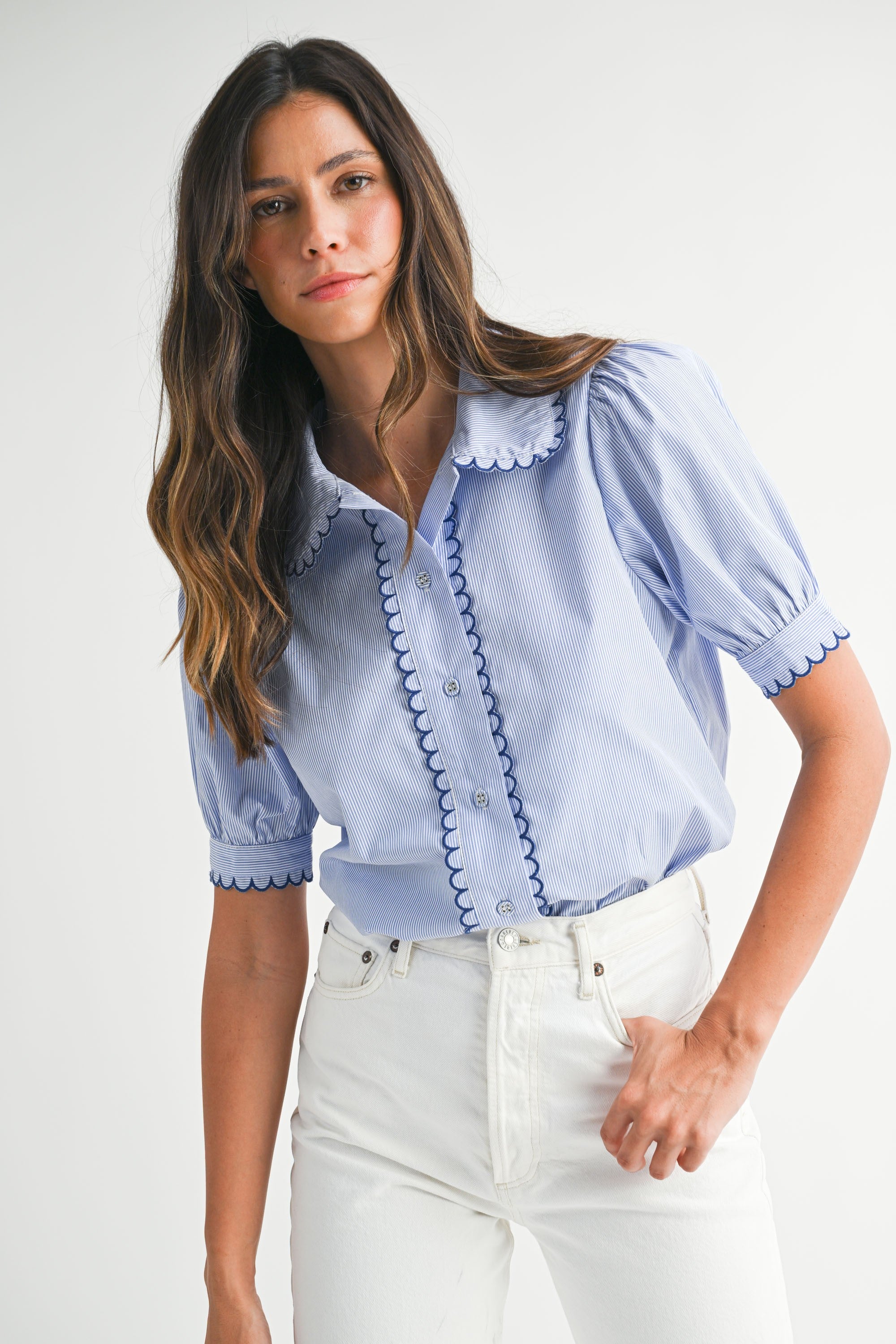 Mable Stripe Scallop Detail Button Down Shirt