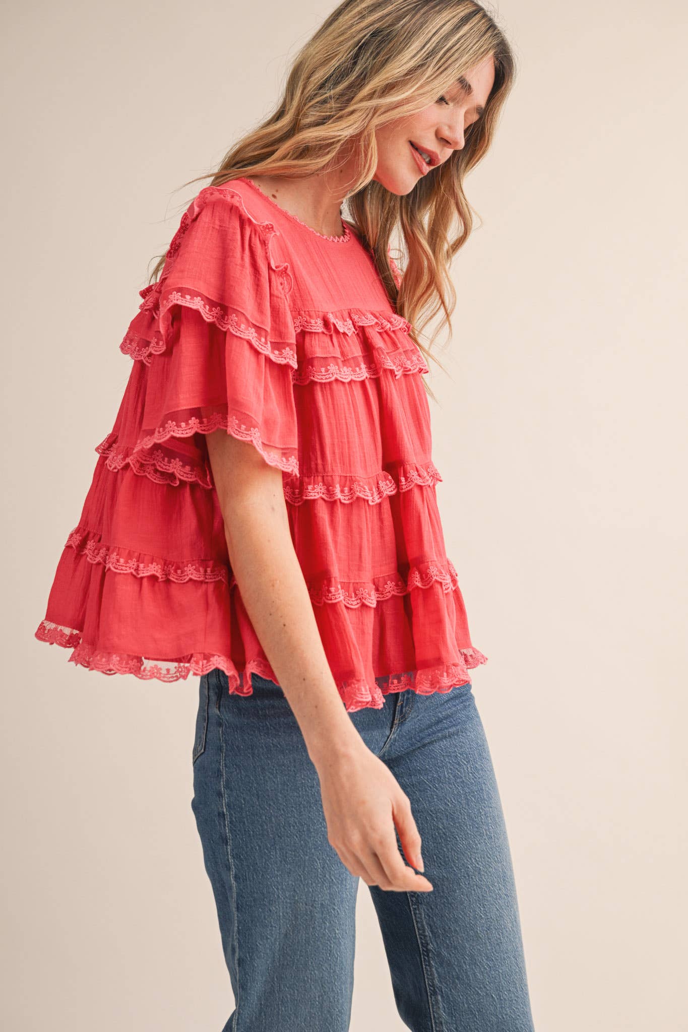 &MERCI - TIERED RUFFLE LACE TRIM SWING TOP Black