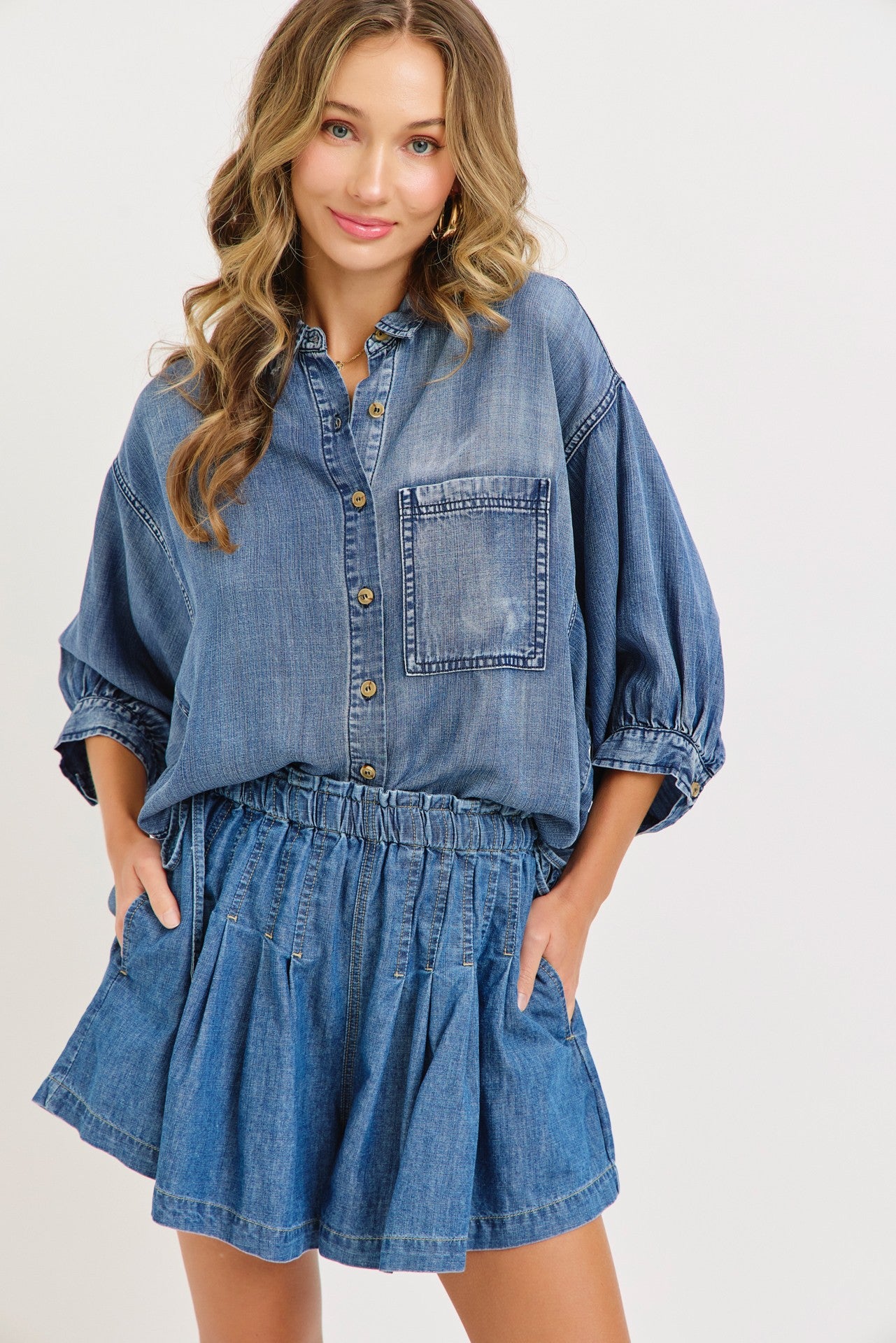 Sweet Lovely by Jen Washed Tencel Dolman Sleeve Denim Blue Top