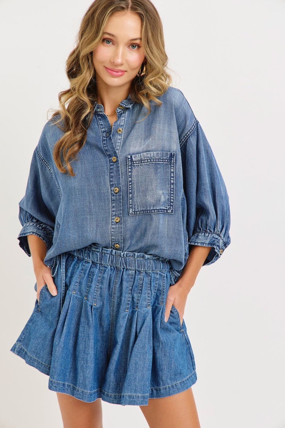 Sweet Lovely by Jen Washed Tencel Dolman Sleeve Denim Blue Top
