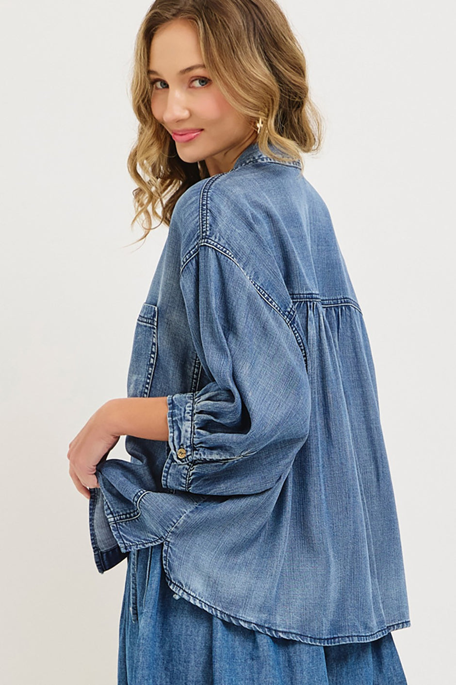 Sweet Lovely by Jen Washed Tencel Dolman Sleeve Denim Blue Top
