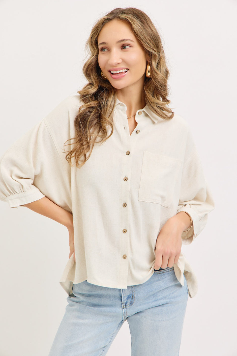Sweet Lovely by Jen Linen Button Down in Oatmeal