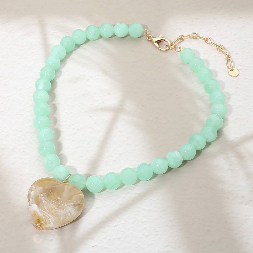 Sensibling Corp. - Chunky Marbled Resin Heart Charm Beaded Necklace