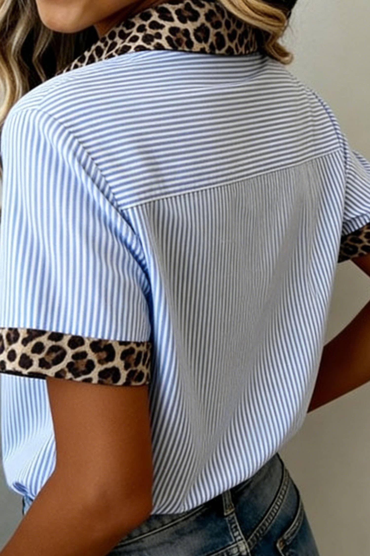 66DISCO - Leopard Trim Striped Button-Down Short Sleeve Shirt (S-XL)