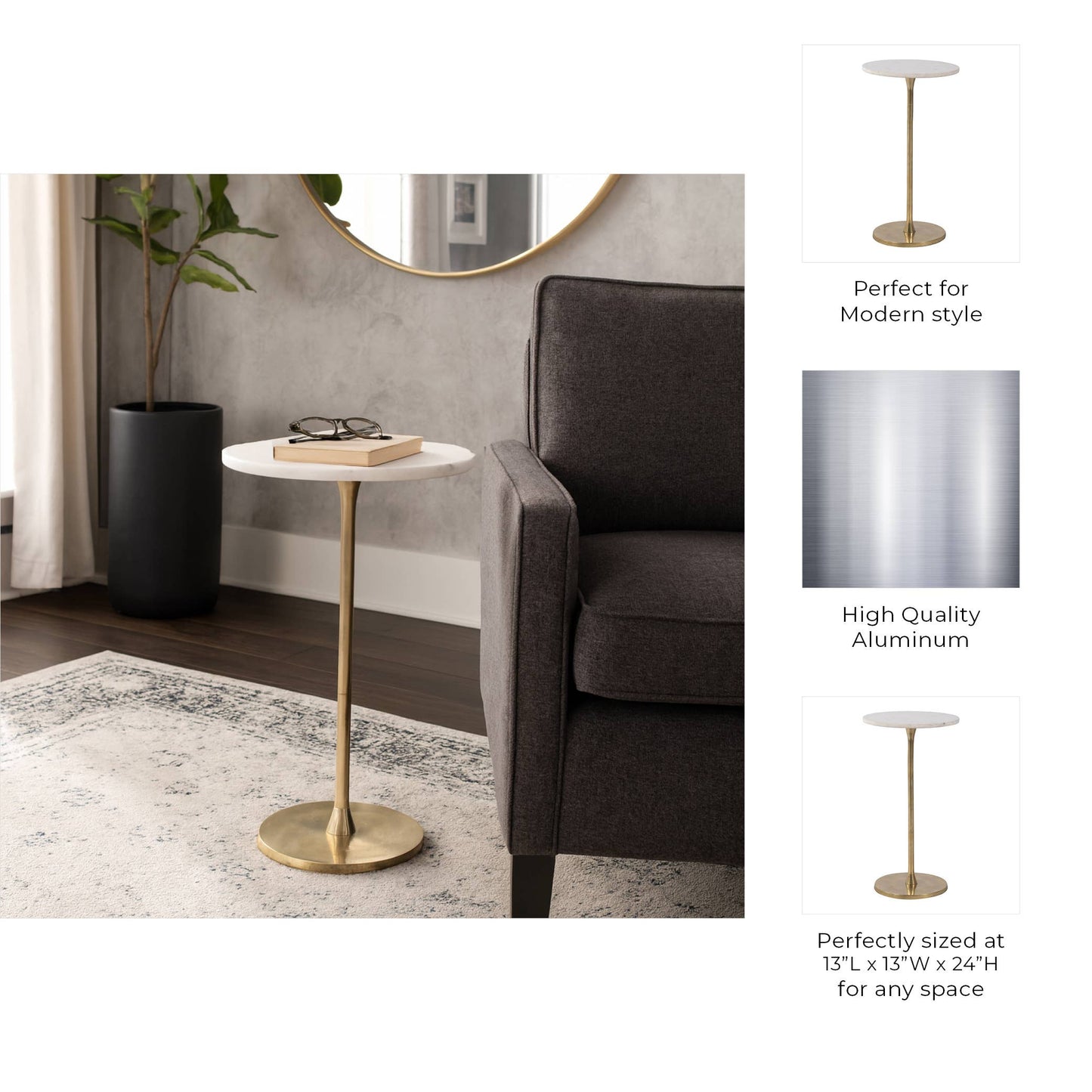 Sagebrook Home - End Table - Gold/White Marble Top Metal Round Base, 24 in.