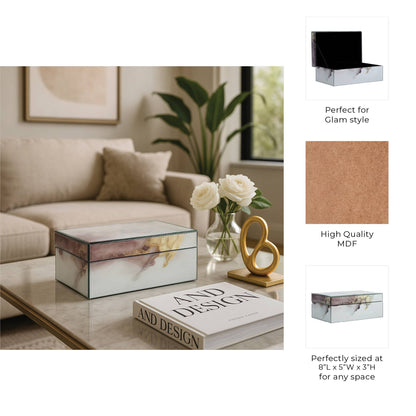 Sagebrook Home - Decorative Box - White/Beige/Gold Wood Abstract, 8x3 in.