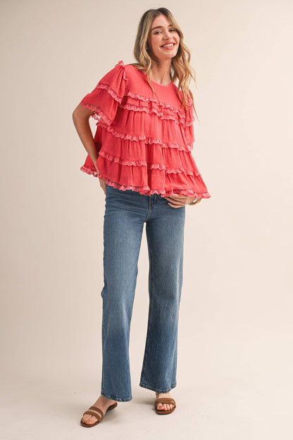 &MERCI - TIERED RUFFLE LACE TRIM SWING TOP Black