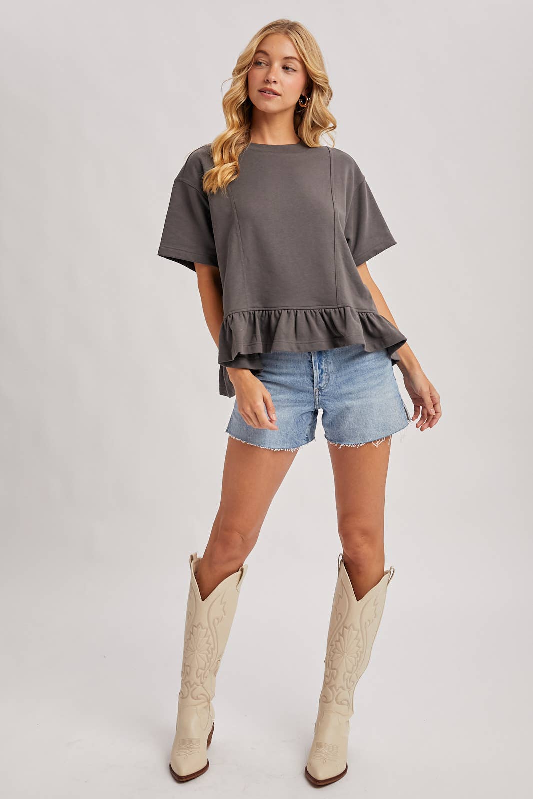 Bluivy - RUFFLED PEPLUM HEM BOXY SWING KNIT TEE
