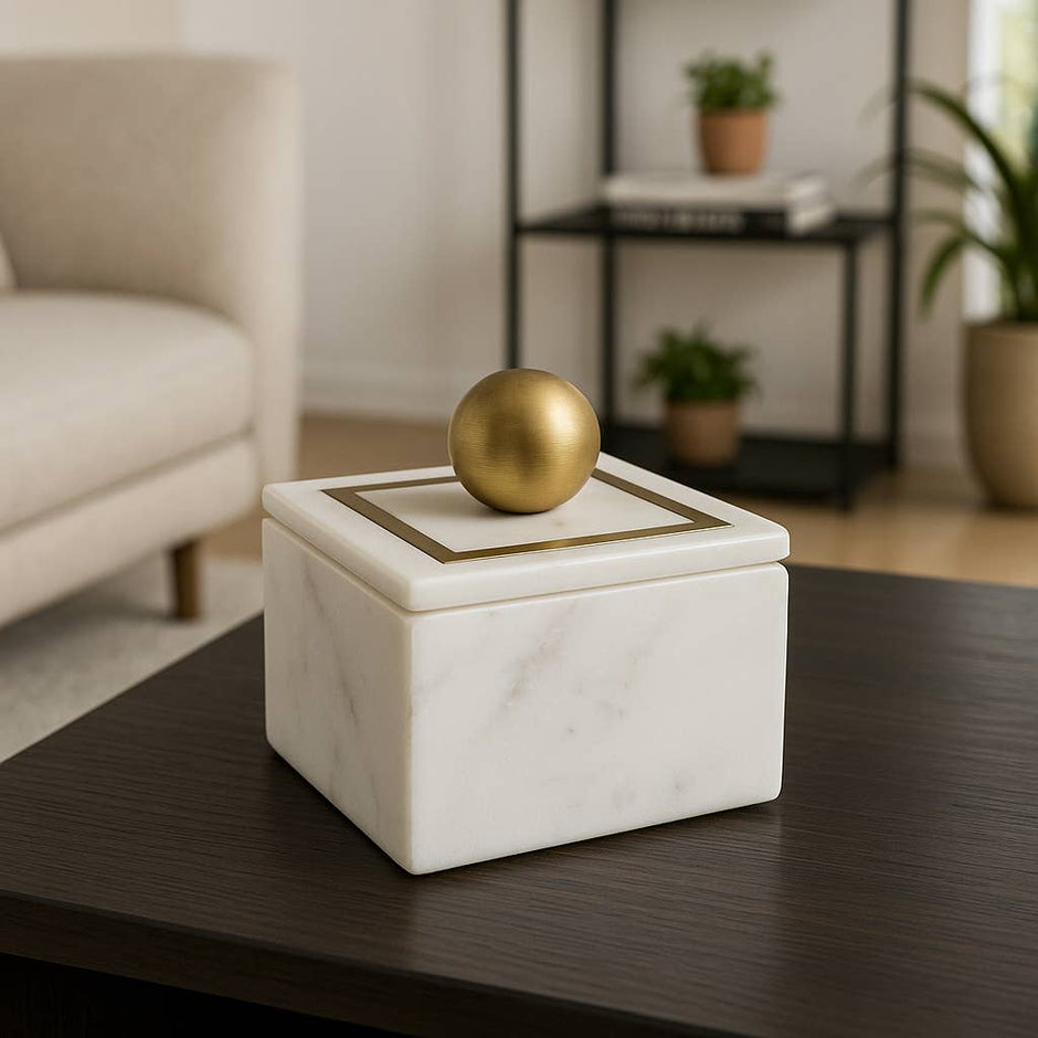 Sagebrook Home - Marble Modern Storage Box with Removable Lid - White, 5 in.
