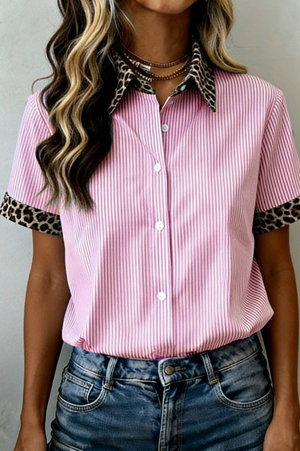 66DISCO - Leopard Trim Striped Button-Down Short Sleeve Shirt (S-XL)