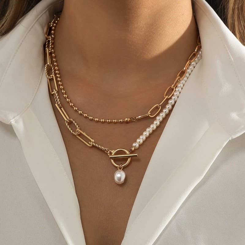 JOSSLYN by wall to wall - PEARL MIX DOUBLE LAYER TOGGLE NECKLACE