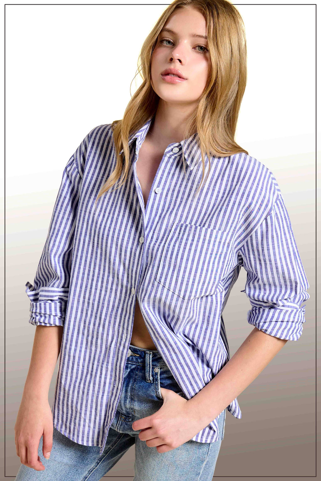 La Miel - SRT7903-Collared Contrast Stripe Button Down Shirt