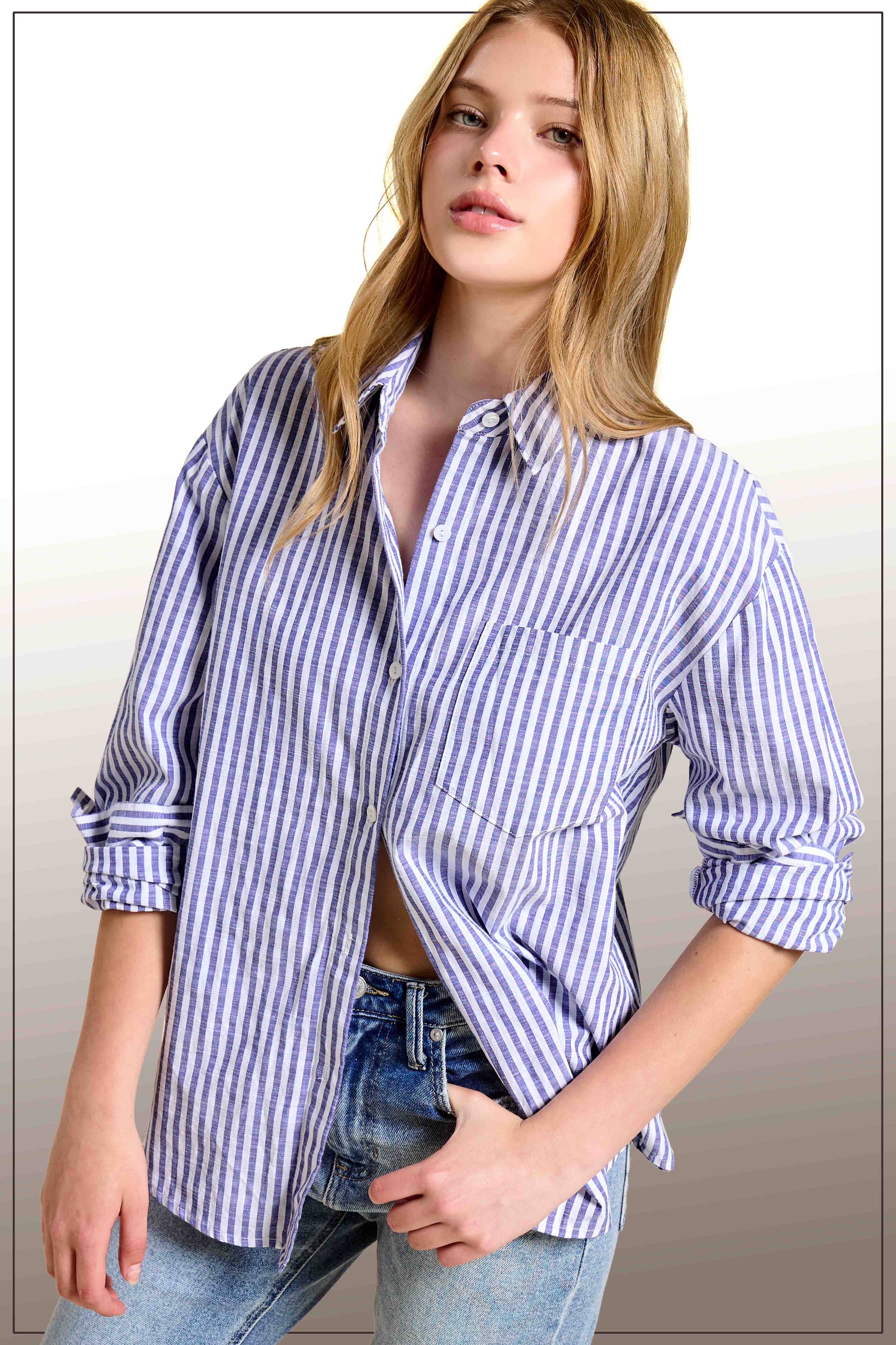La Miel - SRT7903-Collared Contrast Stripe Button Down Shirt