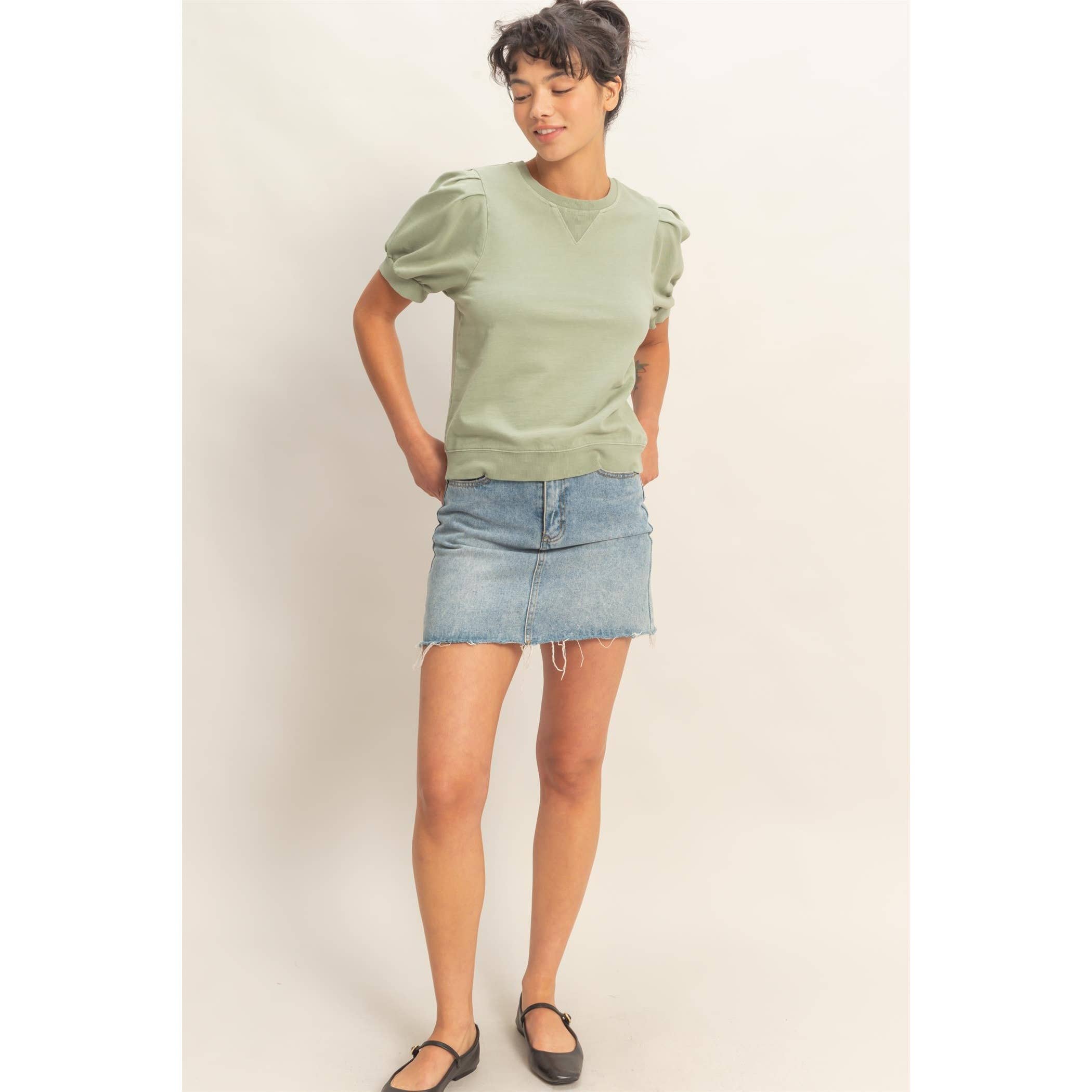 Double Zero - Puff Sleeve V-Stitch Crew Neck Top
