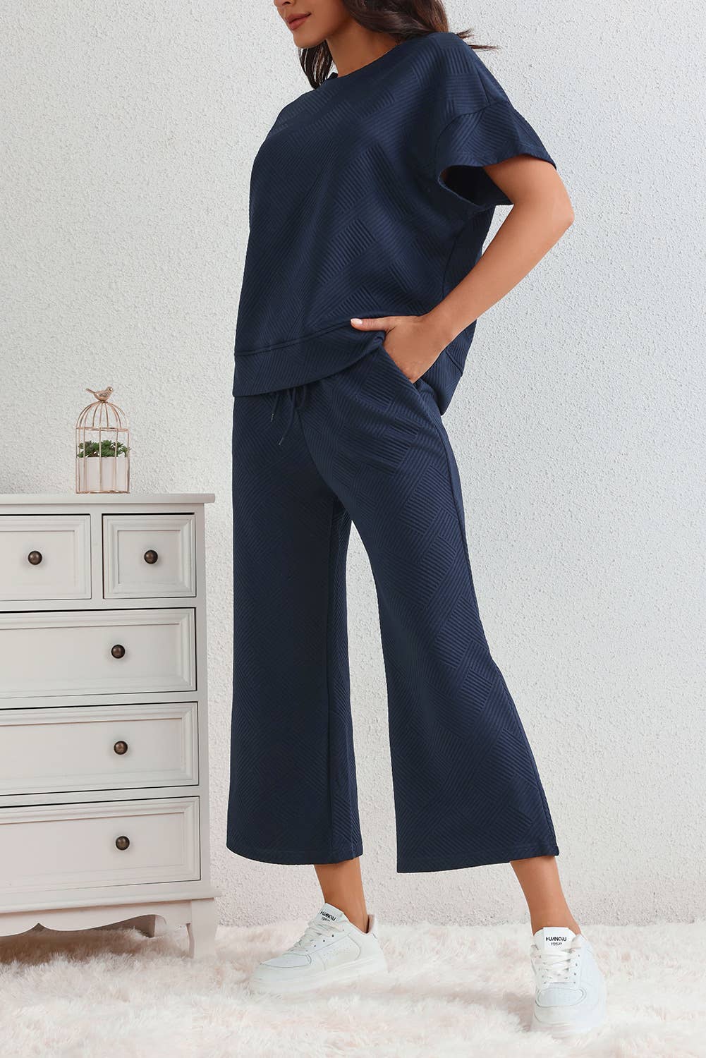 LA Society - LAS Textured Loose T Shirt and Drawstring Pants Set