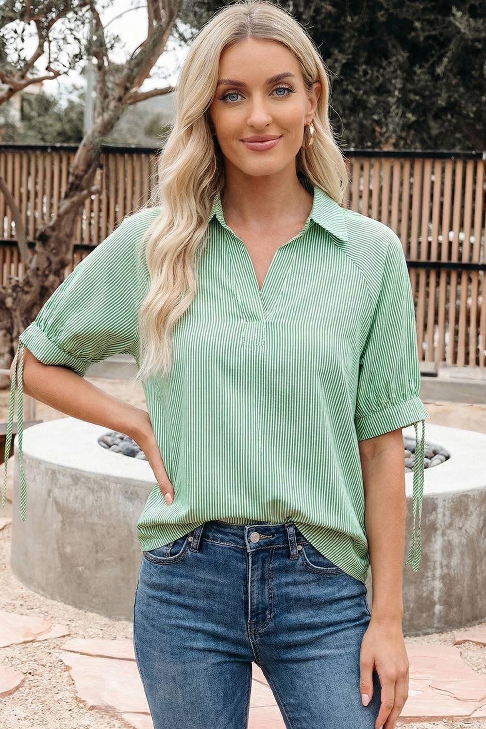 66DISCO - Striped Print Collared Split Neck Half Sleeve Blouse (S-4X)