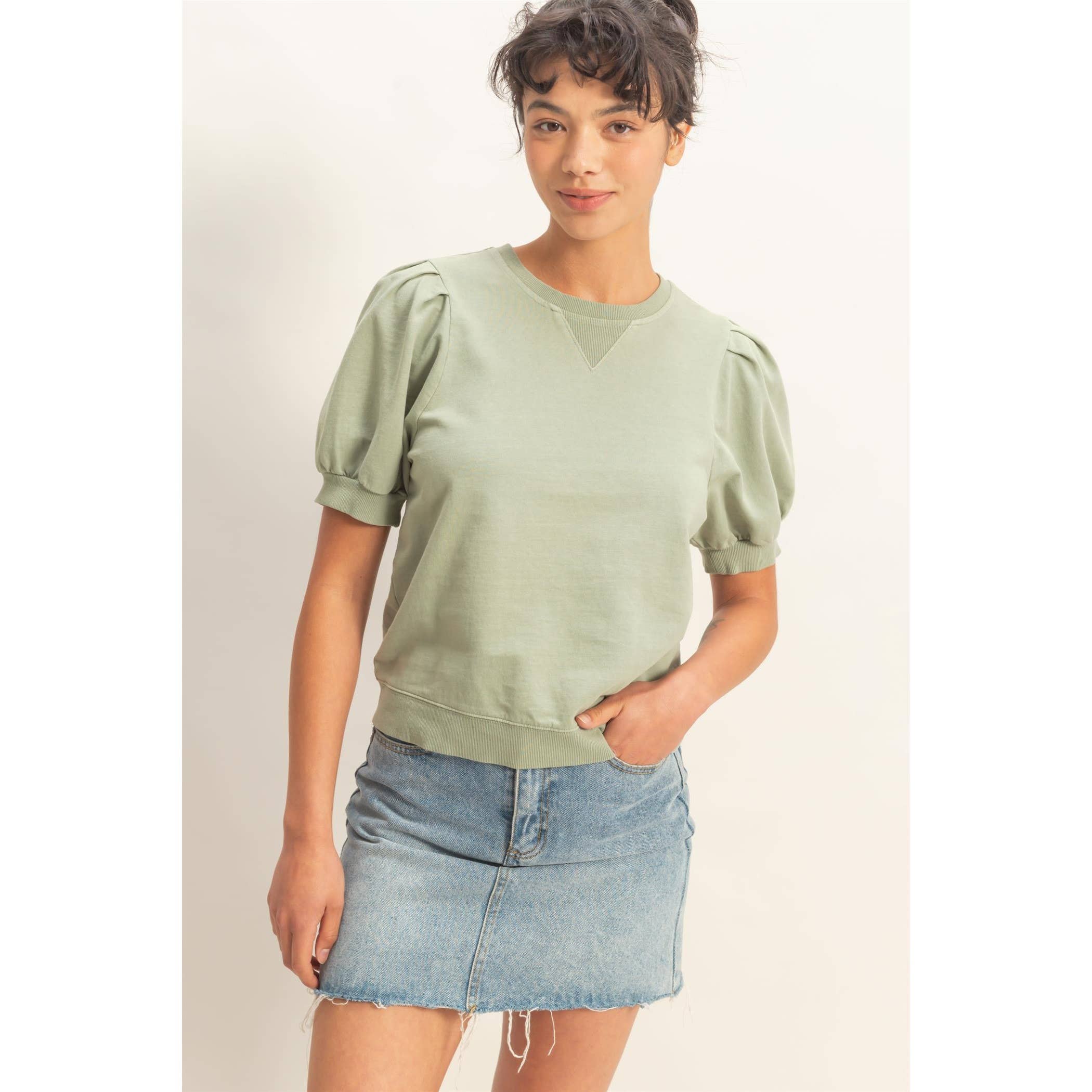 Double Zero - Puff Sleeve V-Stitch Crew Neck Top