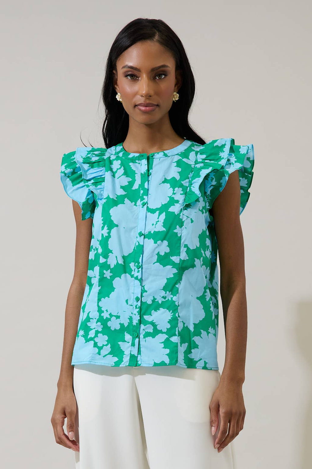 Sugarlips - Riona Floral Sammi Button Down Ruffle Top