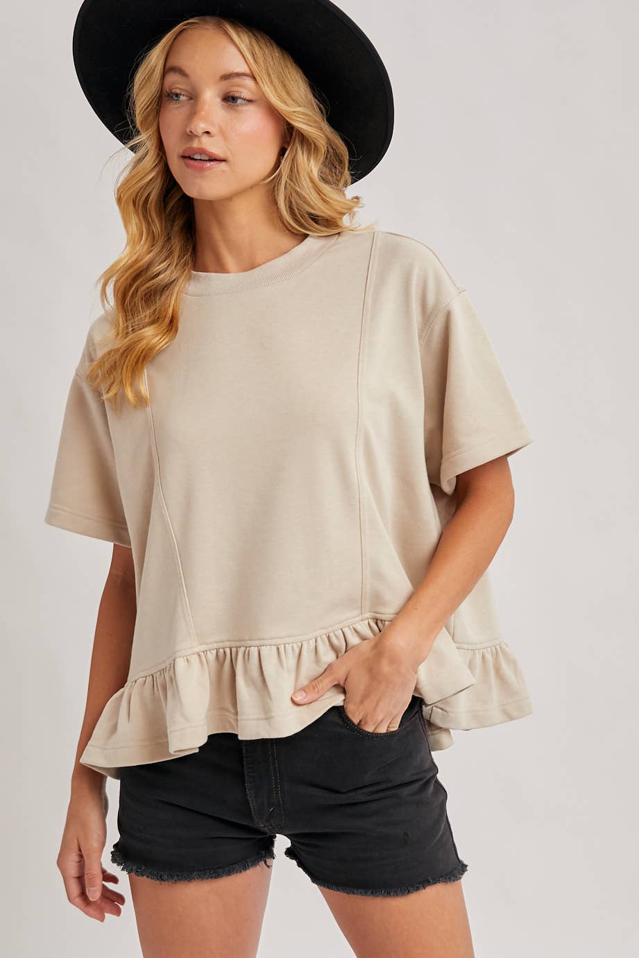 Bluivy - RUFFLED PEPLUM HEM BOXY SWING KNIT TEE