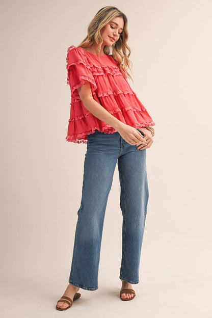 &MERCI - TIERED RUFFLE LACE TRIM SWING TOP Black
