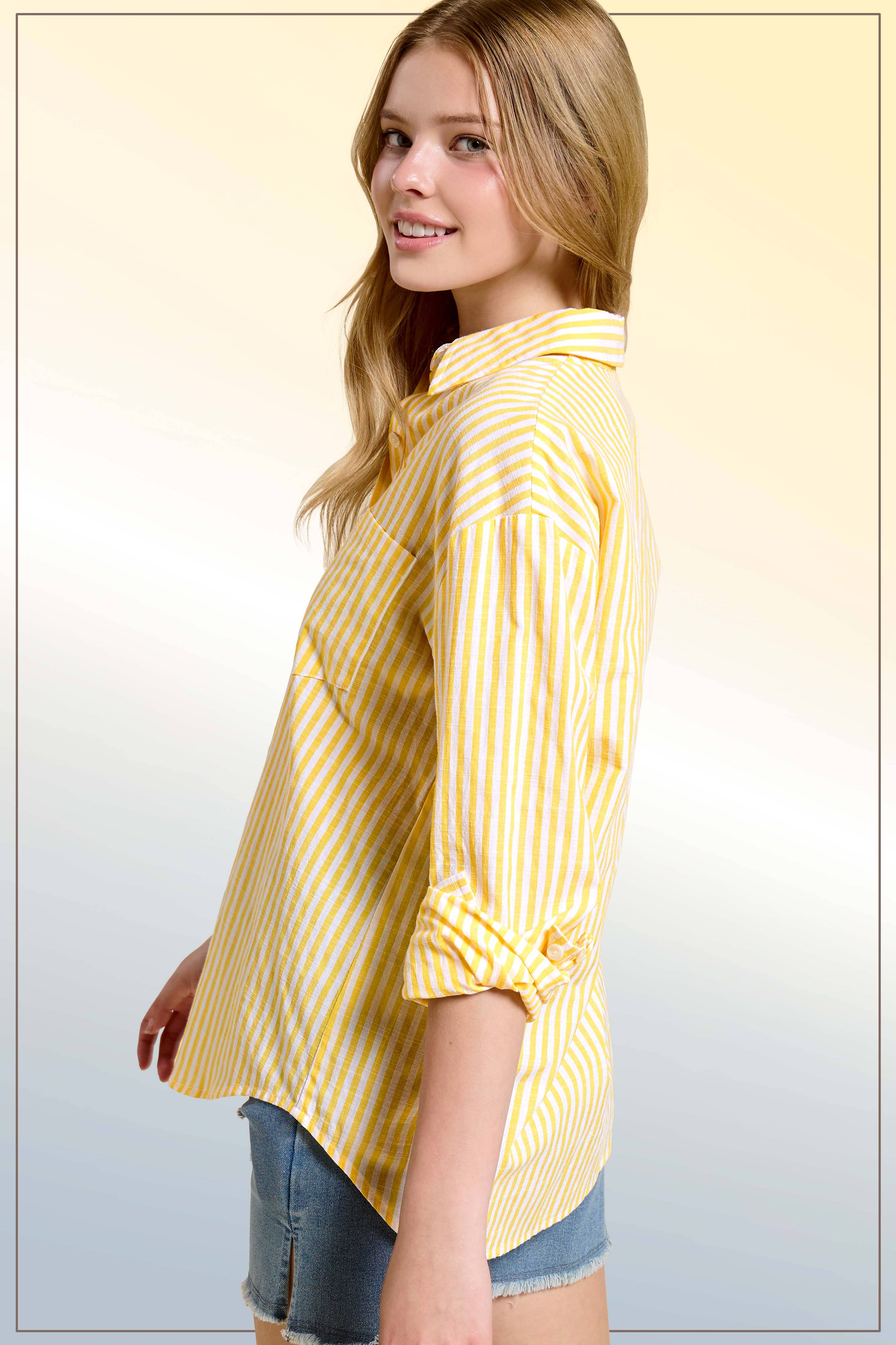 La Miel - SRT7903-Collared Contrast Stripe Button Down Shirt
