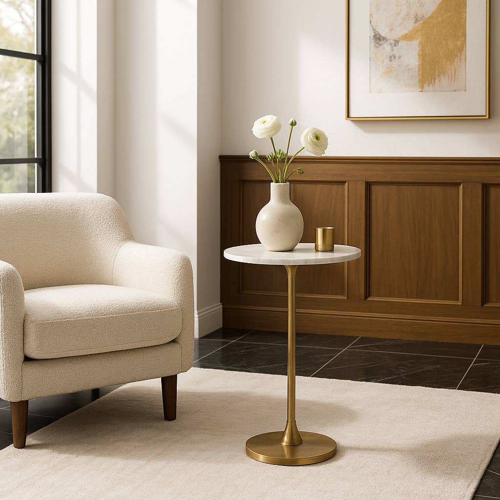 Sagebrook Home - End Table - Gold/White Marble Top Metal Round Base, 24 in.